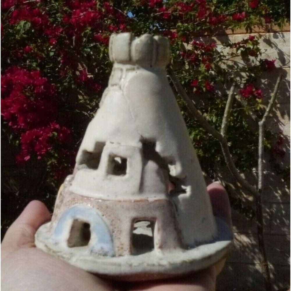 Art Pottery Cut Out TeePee Cliff Dwelling Votive 94 Red Clay Signed Wigwam Adobe